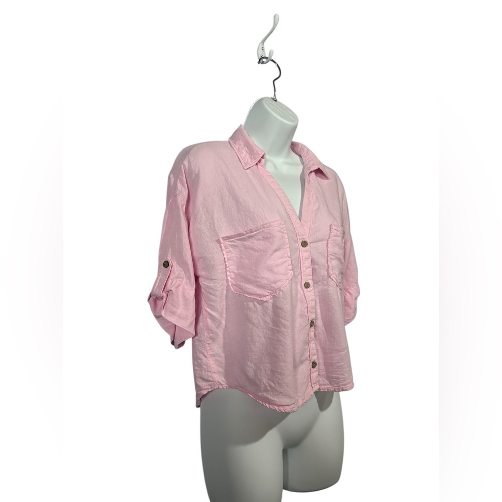 ZARA, Pink Linen Cropped Button-Up Shirt, Size XS - Picture 6 of 8